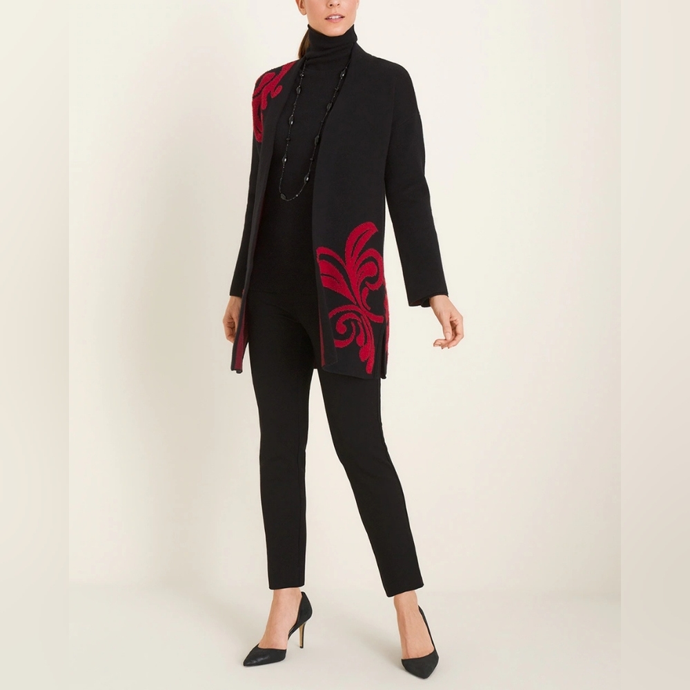 Chicos Red And Black Scroll-Detail Cardigan Size 4P NWOT - Picture 5 of 6